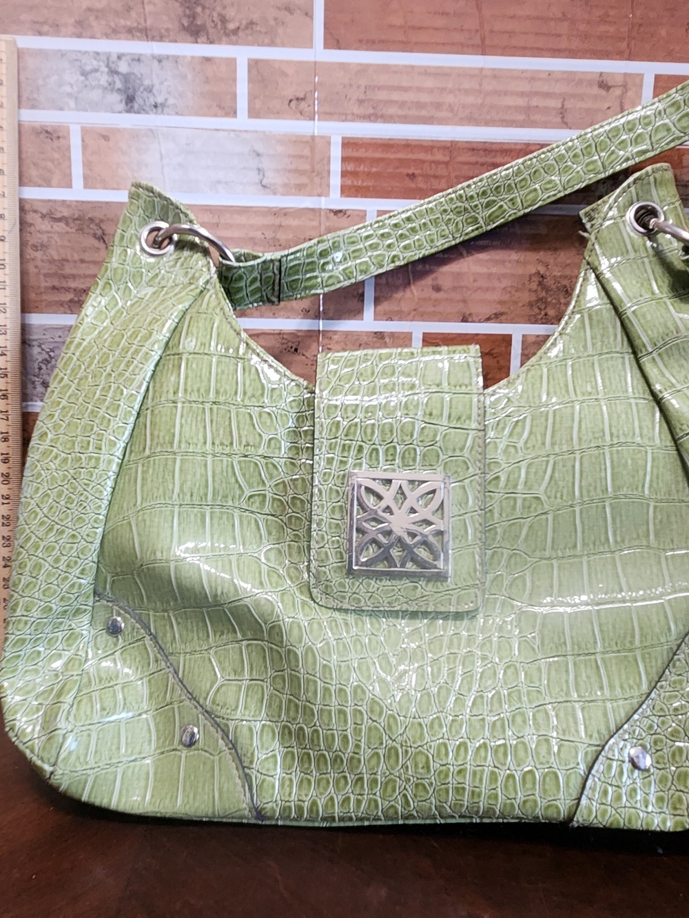 George Light Green Croc-Embossed Hobo with Silver Medallion